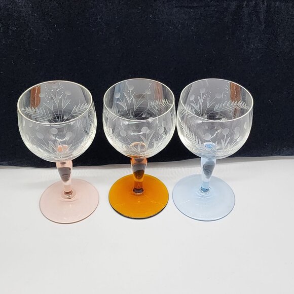 Set Of 3 Vintage Etched Glass Goblets With Pink Amber & Blue Stems Floral Design - Picture 2 of 7